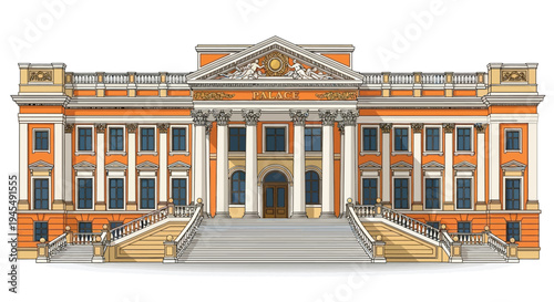 Vector illustration of a large orange and white building with columns