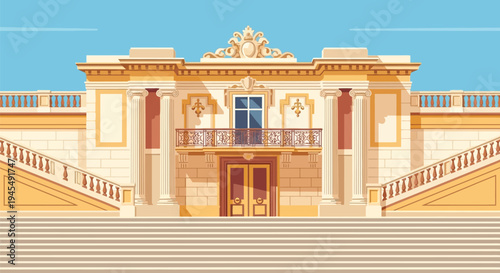 Luxury Building, Palace Illustration, Gold Ornate Architecture, Vector Mansion