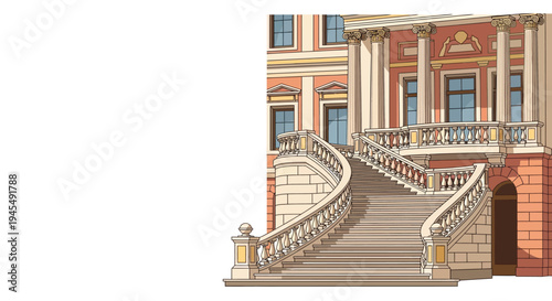Pixel art staircase, grand entrance, ornate building, architectural illustration