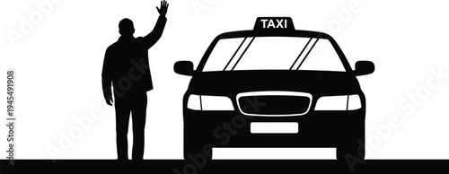 Black silhouette of a male passenger waving hand to hail a taxi cab on city street isolated on white background vector.