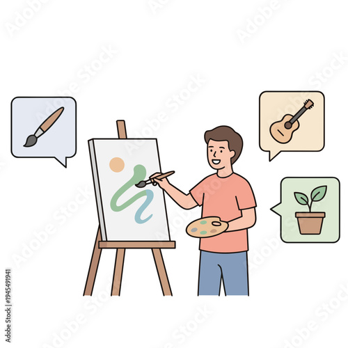 Man painting on canvas with guitar and plant nearby indoors