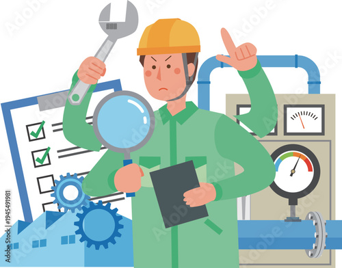 忙しく点検修理作業をする工場作業員