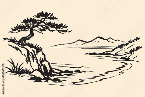 Coastal pine mountain landscape ink sketch vector illustration