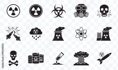 Nuclear Radiation, Biohazard and Danger Icons Set Atomic Power, Toxic Waste, War and Chemical Hazard Vector Symbols