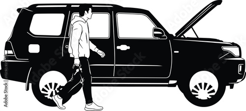 Black silhouette of a mechanic repairing a car wheel and tire isolated on white background for automotive maintenance service workshop.