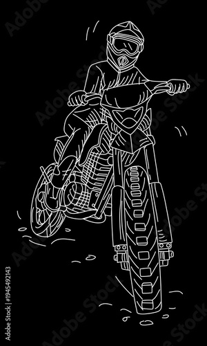 Outline motocross rider on motorcycle front view isolated on black background. Flat style for extreme sports posters, racing club banners, biker stickers or offroad transport graphic design.