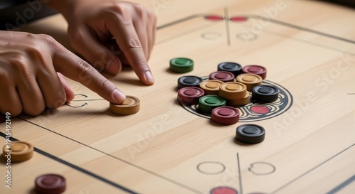 Close-up of a person's hands playing carrom, a popular board game of skill and strategy, with colorful discs on a wooden board with a North African