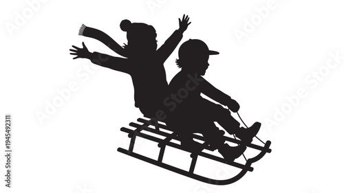 Children silhouette sledding down a snowy hill with arms outstretched in joyful exhilaration and winter clothing.