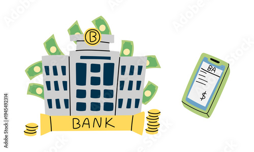 Flat illustration of bank building with flying money and smartphone with banking app. Finance graphic for business web banners, mobile payment interfaces or secure banking service stickers.