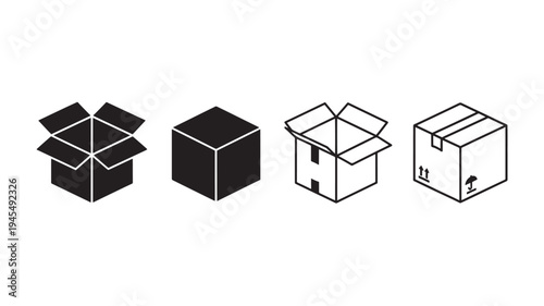 Boxes isometric icons with solid and outline styles, showing open and closed perspectives for shipping and storage
