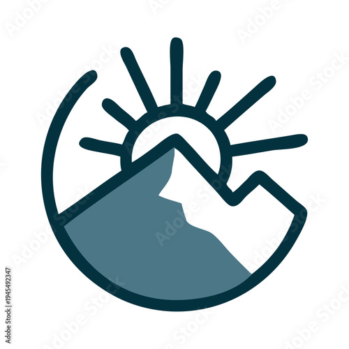 Logo agencia de viajes. Vacaciones de verano. Dibujo sencillo con líneas de un paisaje con montaña y sol con círculo 