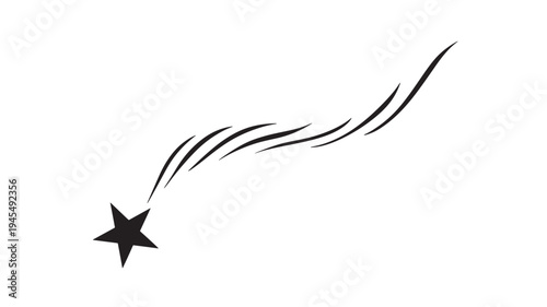 Star with black curved lines trailing upwards, isolated on a white background. featuring comet, streak, motion with speed and curve elements for