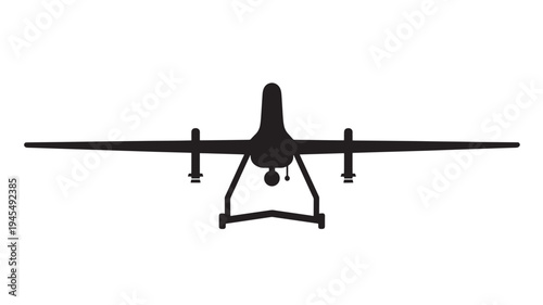 Drone with wide wingspan and central fuselage, depicted as a black silhouette against a white background for clear graphic representation.