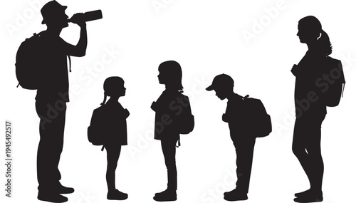 Silhouettes of a family with backpacks, including a father drinking from a bottle, three children, and a mother standing together.