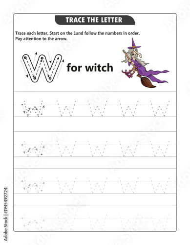 Alphabet W Tracing Worksheet with Witch Illustration for Kids Handwriting Practice