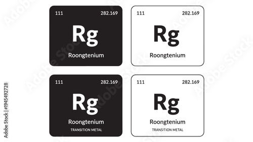 Periodic table element Roongtenium with symbol Rg, atomic number 111 and mass 282.169 featuring Rg, science, chemistry with notation and transition