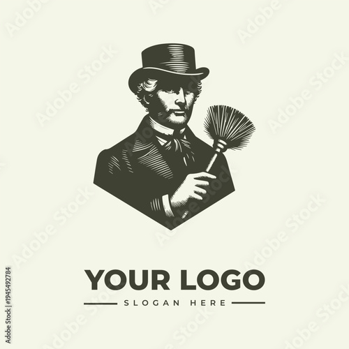 Vintage engraving of a man in a top hat holding a fan on a beige background with logo and slogan text