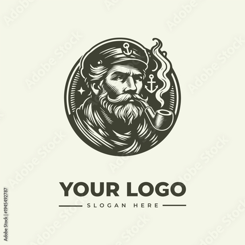 Vintage engraving of a bearded sailor smoking a pipe with an anchor emblem on his hat, a logo design with a woodcut illustration style and a neutral background.