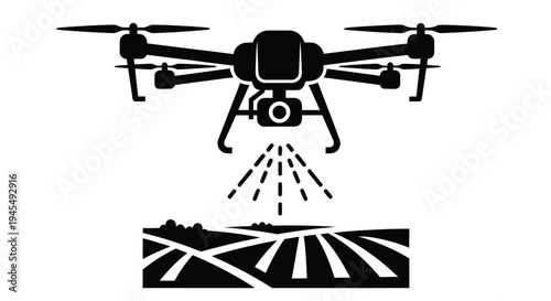 Black and white illustration of a drone spraying a field with crops