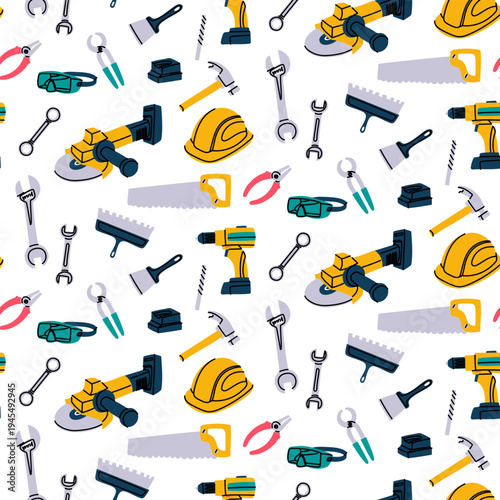 Seamless pattern with flat construction machinery and tools including crane, truck, drill and hammer. Industrial background for hardware store banners, wrapping paper, textile or DIY web design