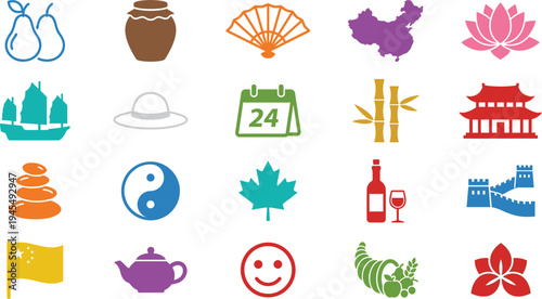 Colorful cultural icons set featuring Asian symbols pear fan lotus map calendar bamboo temple yin yang teapot wine maple vector
