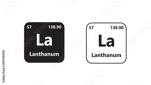 Lanthanum element symbol La with atomic number 57 and atomic weight 138.90 shown in two different graphical styles, black and white