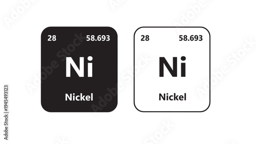 Nickel element symbol Ni with atomic number 28 and atomic mass 58.693 in black and white periodic table style.