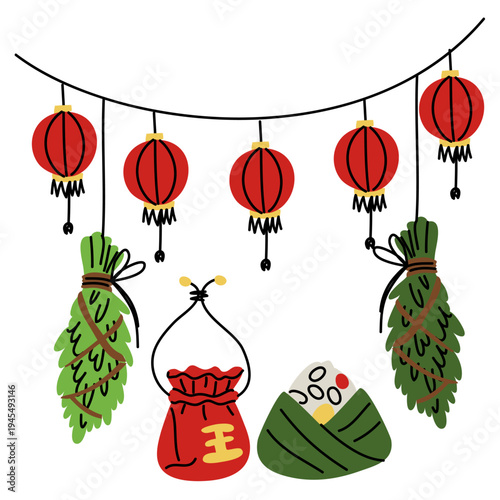 Flat illustration of Chinese festival attributes including red lanterns, zongzi rice dumplings and lucky bag. Oriental culture symbols for Dragon Boat Festival design, cards or web banners