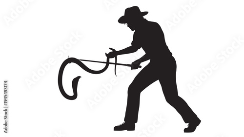 Man with cowboy hat and snake hook captures a cobra in a silhouette against a white background featuring reptile, wild animal, wildlife with animal