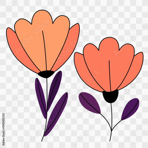 Vector floral flat drawing with orange flowers. Hand drawn illustration isolated on transparent background. Boho geometric flowers. Botanical ethnic art.