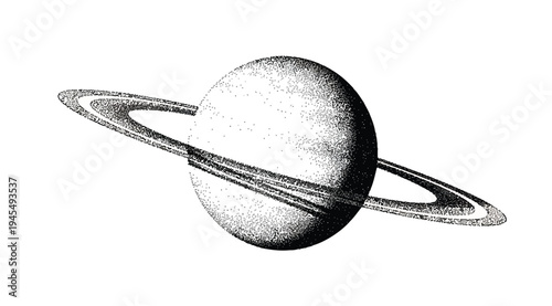 Saturn planet with ring system in black and white stippling style isolated on white background