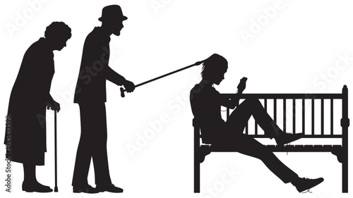 Silhouettes of an elderly couple with canes and a young person on a bench with headphones, representing generational differences
