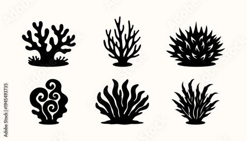 Marine Coral and Seaweed Silhouette Set, Tropical Underwater Reef Clipart Collection