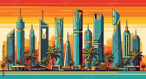 Vector illustration of futuristic city skyline with palm trees at sunset