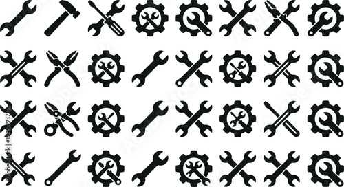 Mechanic tools icon set with wrench screwdriver gear repair symbols, black silhouette mechanical service equipment vector collection isolated