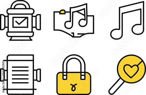 Collection of six icons representing various digital concepts and objects