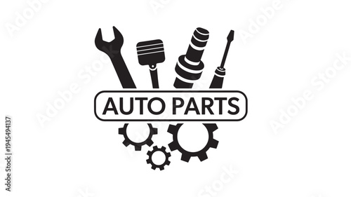 Auto parts logo with wrench, piston, spark plug, screwdriver, and gears symbolizing mechanical services and automotive industry