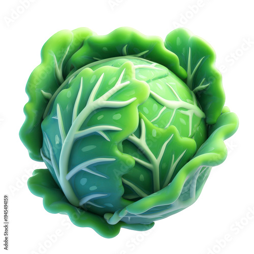 Vibrant green cabbage with detailed leaf veins, isolated PNG with Transparent Background
