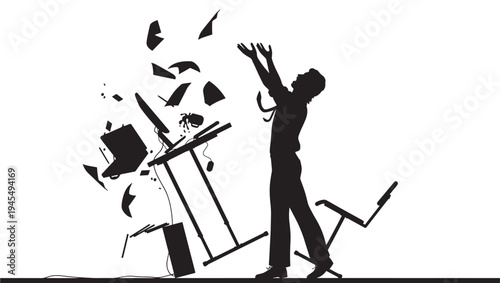 Man in silhouette throwing papers and office equipment in the air with arms outstretched in frustration.