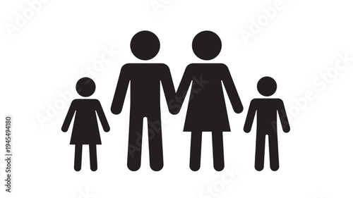 Family icon in silhouette representing parents and two children holding hands on a white background featuring people, mother, father with son and