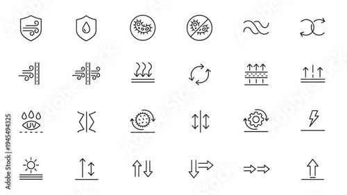 Icons representing material properties like wind resistance, water resistance, UV protection, and temperature regulation for product design.