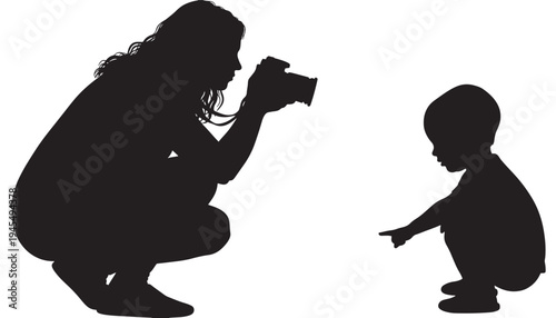Silhouette of a woman holding a camera and pointing at a child squatting and pointing, isolated on a white background
