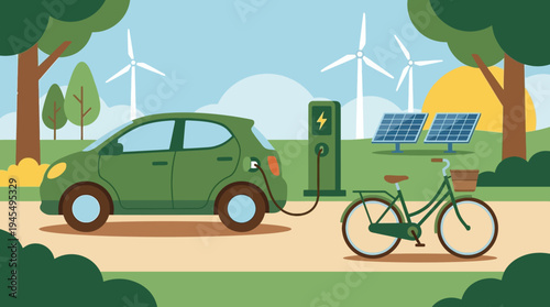 Eco-friendly future landscape featuring electric vehicle charging alongside a bicycle, powered by solar panels and wind turbines, symbolizing sustainable living and green energy adoption
