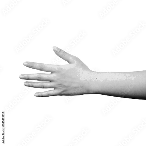 Human hand reaching forward in monochrome halftone style isolated on light background. Gesture of help, connection, greeting or invitation, conceptual symbol of support and communication.