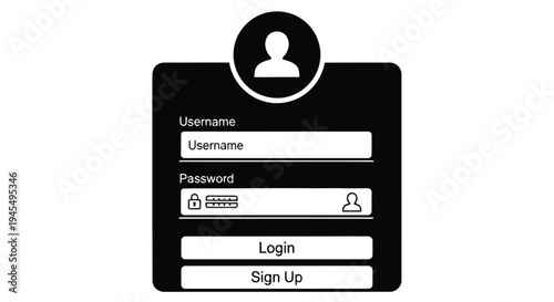 Black login form icon with username and password fields and user profile silhouette