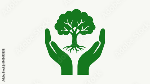 Green tree with roots protected by cupped hands symbolizing nature and environmental care
