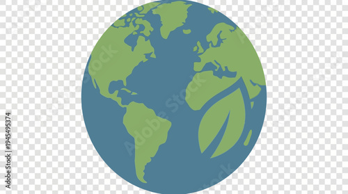 Flat Design Earth Icon with Green Leaf Motif for Environmental Care, Sustainability, and Nature Preservation on a Global Scale