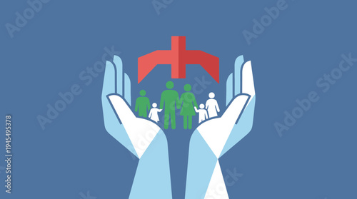 Caring Hands Embracing a Diverse Family with a Peace Dove, Symbolizing Health, Unity, and Security in a Modern Vector Illustration