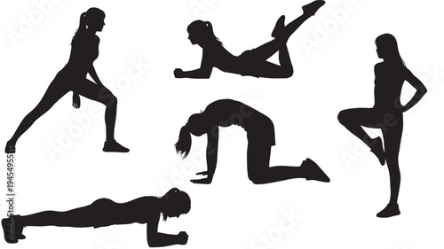 Silhouettes of women performing various fitness exercises including stretching, planks, and yoga poses for a healthy lifestyle