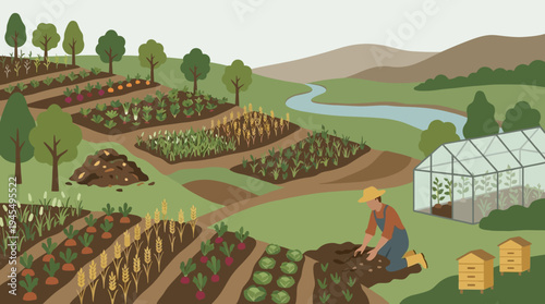 Sustainable organic farming landscape with a dedicated farmer cultivating lush crops and nurturing growth in terraced fields, surrounded by nature